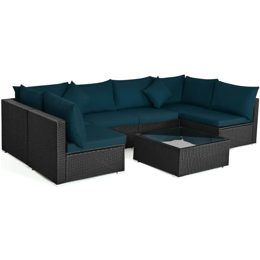 7 Pieces Sectional Wicker Furniture Sofa Set with Tempered Glass Top-Peacock Blue - Peacock Blue - Outdoor Sectionals