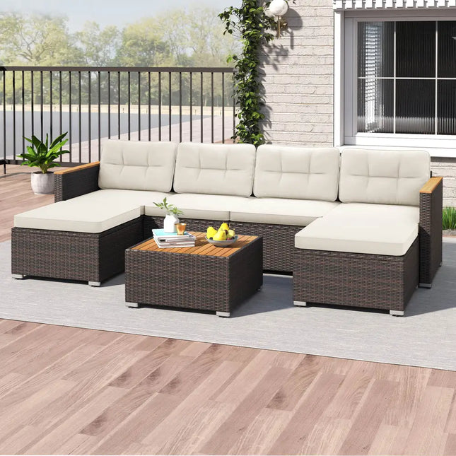 7 Pieces Wicker Conversation Set with Wood Armrests for Backyard-White - White - Patio Conversation Sets