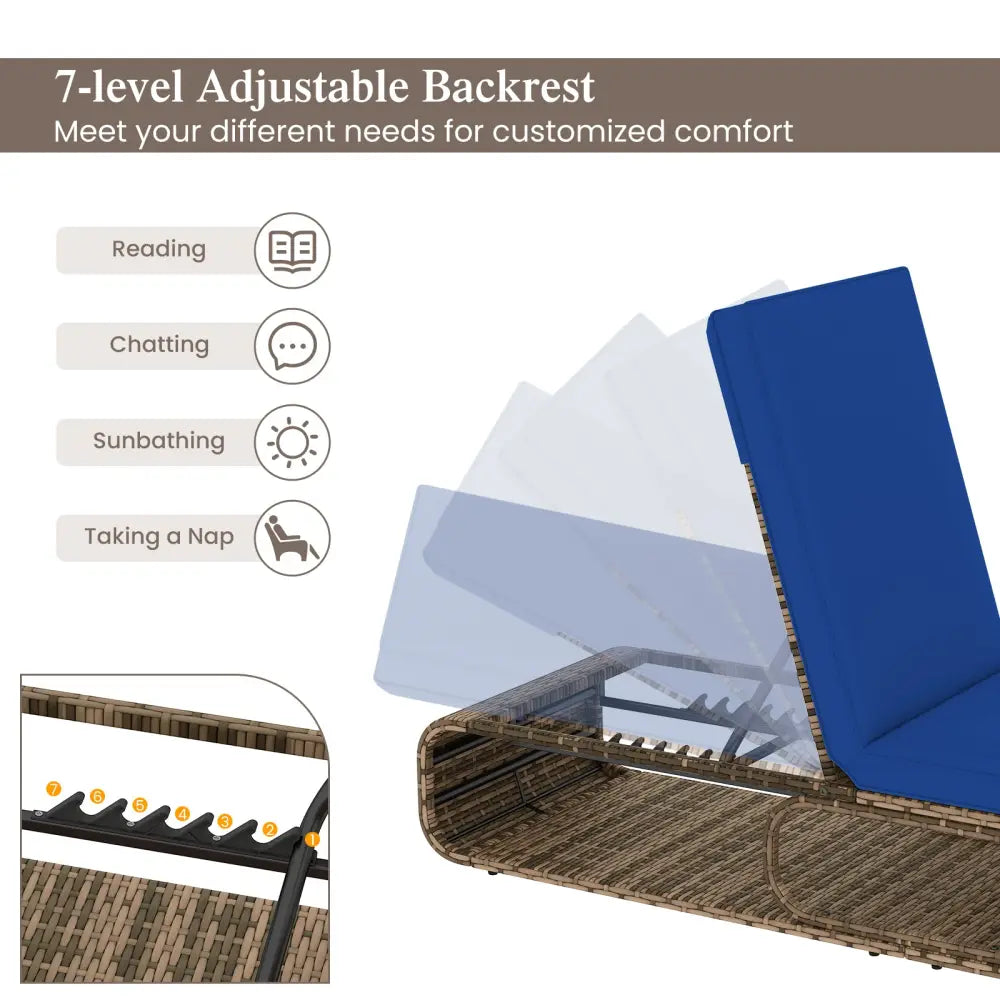 7-Position Adjustable PE Rattan Outdoor Chaise Lounge Chair-Navy - Navy - Outdoor Chaise Lounges
