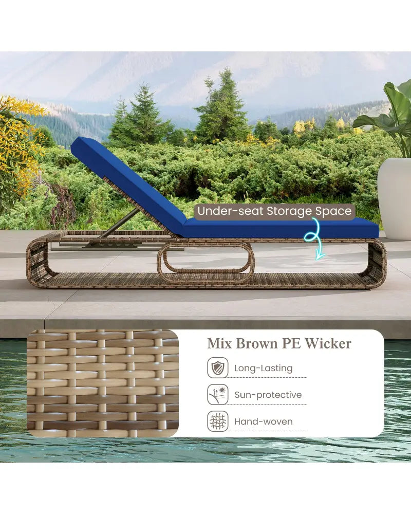 7-Position Adjustable PE Rattan Outdoor Chaise Lounge Chair-Navy - Navy - Outdoor Chaise Lounges