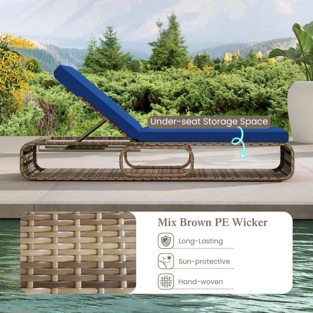 7-Position Adjustable PE Rattan Outdoor Chaise Lounge Chair-Navy - Navy - Outdoor Chaise Lounges