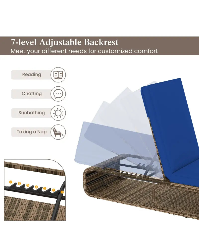 7-Position Adjustable PE Rattan Outdoor Chaise Lounge Chair-Navy - Navy - Outdoor Chaise Lounges