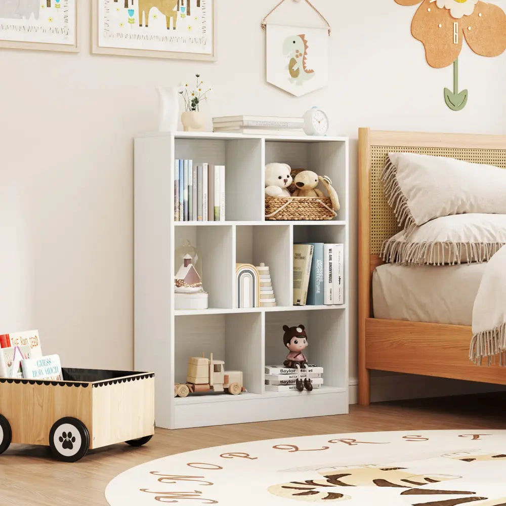 7-Section Freestanding Bookshelf for Kids Room Classroom Daycare Nursery-White - White - Kids Storage
