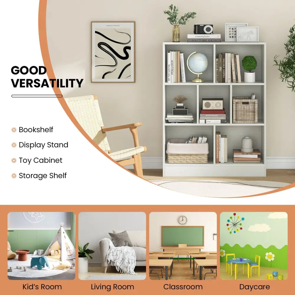 7-Section Freestanding Bookshelf for Kids Room Classroom Daycare Nursery-White - White - Kids Storage