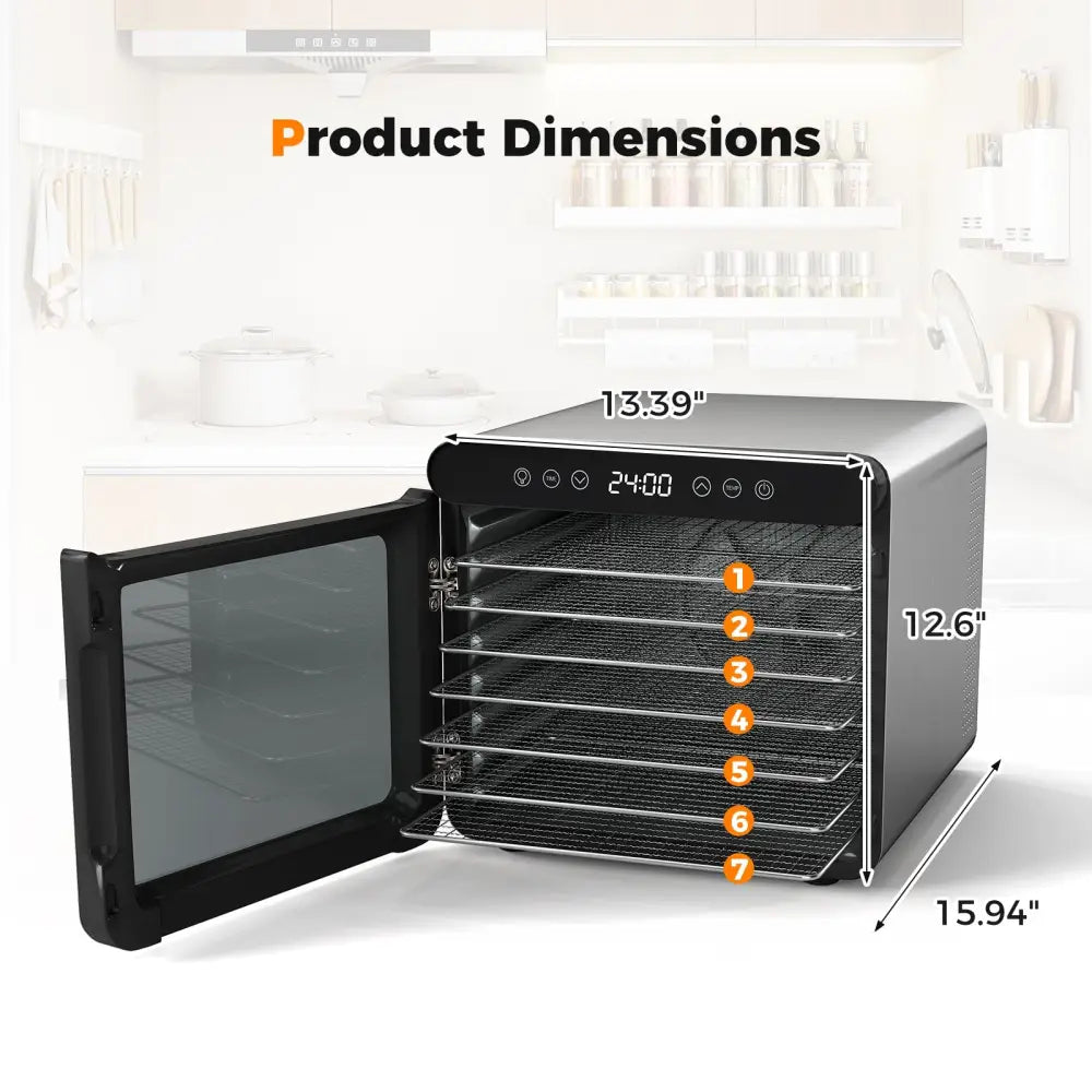 7 Stainless Steel Trays Dryer with 1-24H Timer and 30-75„ƒ Temperature-Silver - Silver - Toaster Ovens
