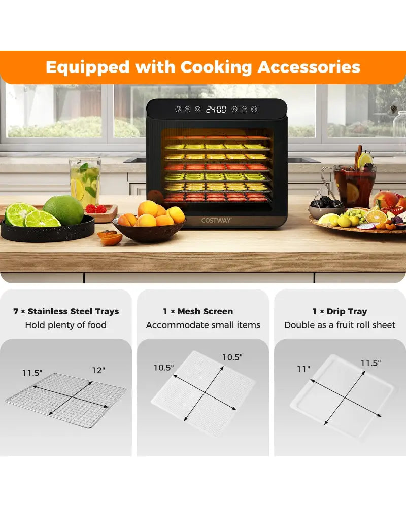 7 Stainless Steel Trays Dryer with 1-24H Timer and 30-75„ƒ Temperature-Silver - Silver - Toaster Ovens