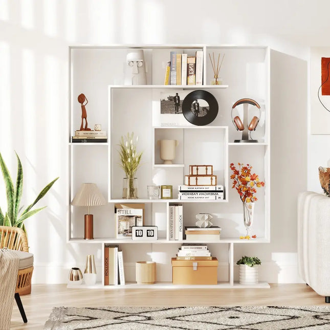 7-Tier Bookshelf Open Display Shelf Rack for Home Office-White - White - Bookcases