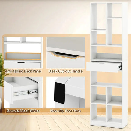 7-tier Bookshelf with Drawer 180cm Floor Standing Display Rack Storage Shelf-White - White - Bookcases