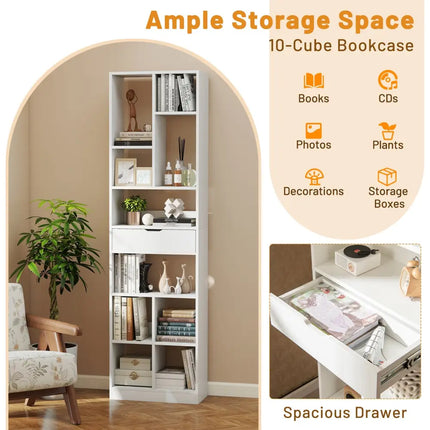 7-tier Bookshelf with Drawer 180cm Floor Standing Display Rack Storage Shelf-White - White - Bookcases