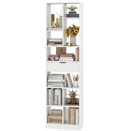 7-tier Bookshelf with Drawer 180cm Floor Standing Display Rack Storage Shelf-White - White - Bookcases