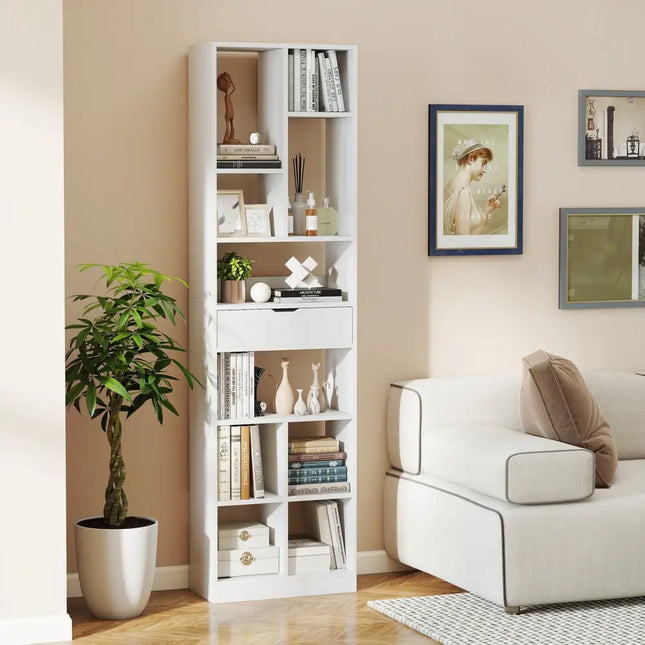 7-tier Bookshelf with Drawer 180cm Floor Standing Display Rack Storage Shelf-White - White - Bookcases
