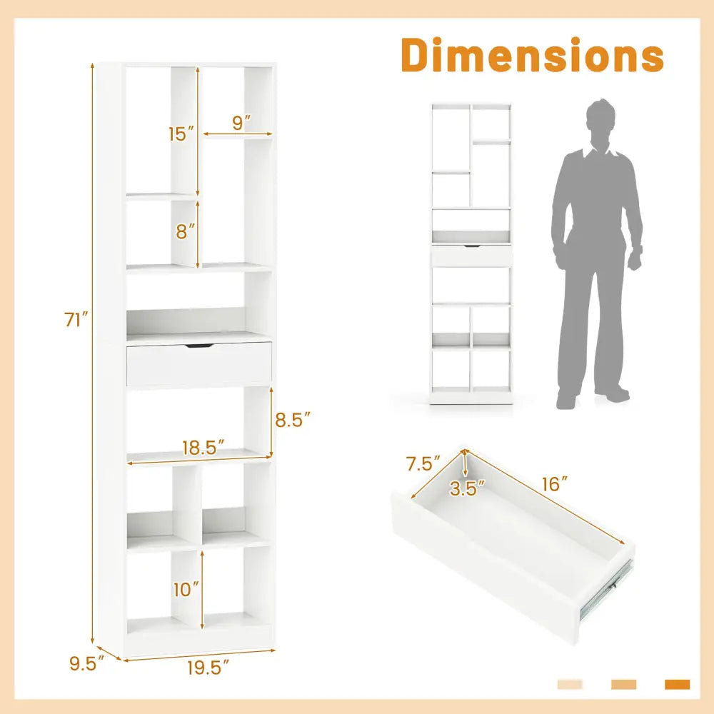 7-tier Bookshelf with Drawer 180cm Floor Standing Display Rack Storage Shelf-White - White - Bookcases
