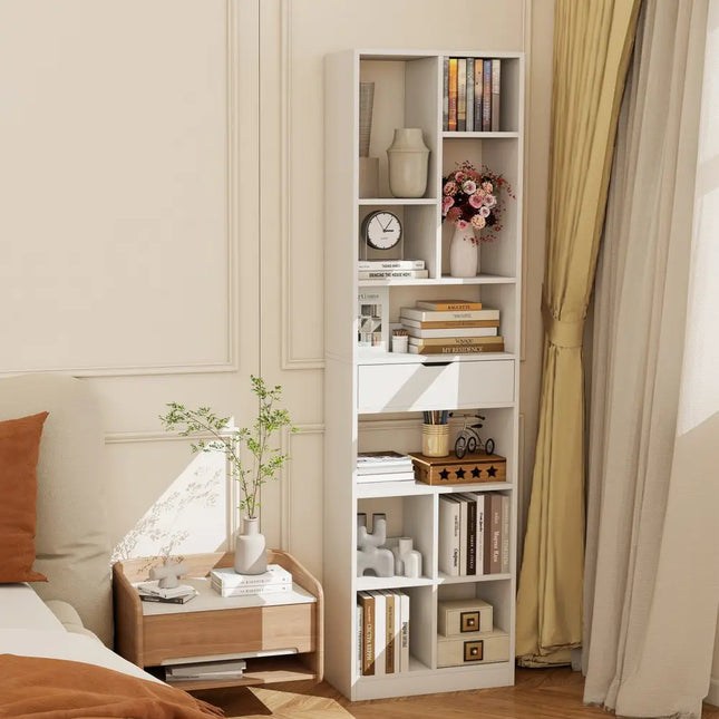 7-tier Bookshelf with Drawer 180cm Floor Standing Display Rack Storage Shelf-White - White - Bookcases