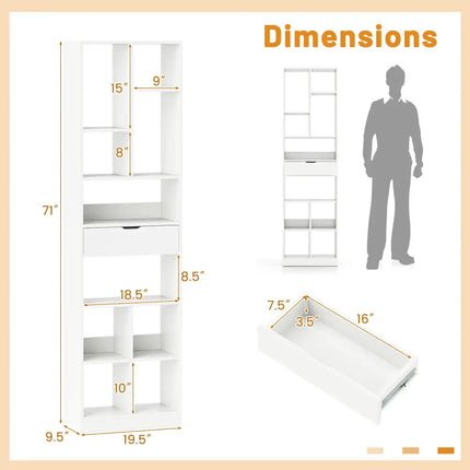7-tier Bookshelf with Drawer 180cm Floor Standing Display Rack Storage Shelf-White - White - Bookcases