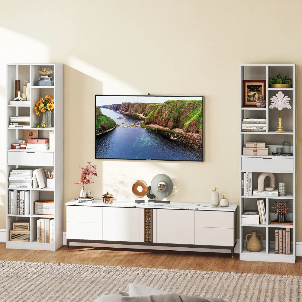7-tier Bookshelf with Drawer 180cm Floor Standing Display Rack Storage Shelf-White - White - Bookcases