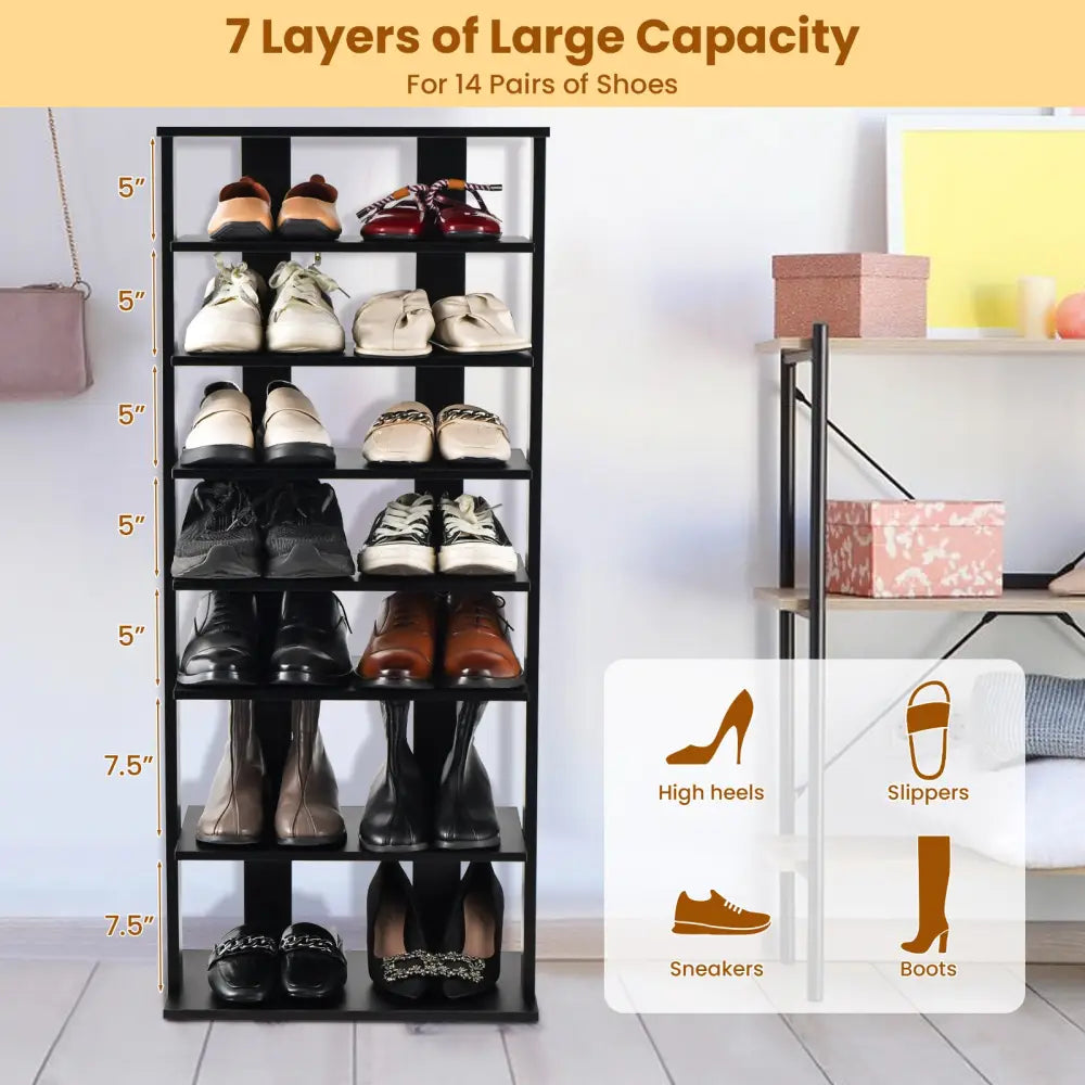 7-Tier Dual Shoe Rack Free Standing Shelves Storage Shelves Concise-Black - Black - Shoe Racks & Storage Benches