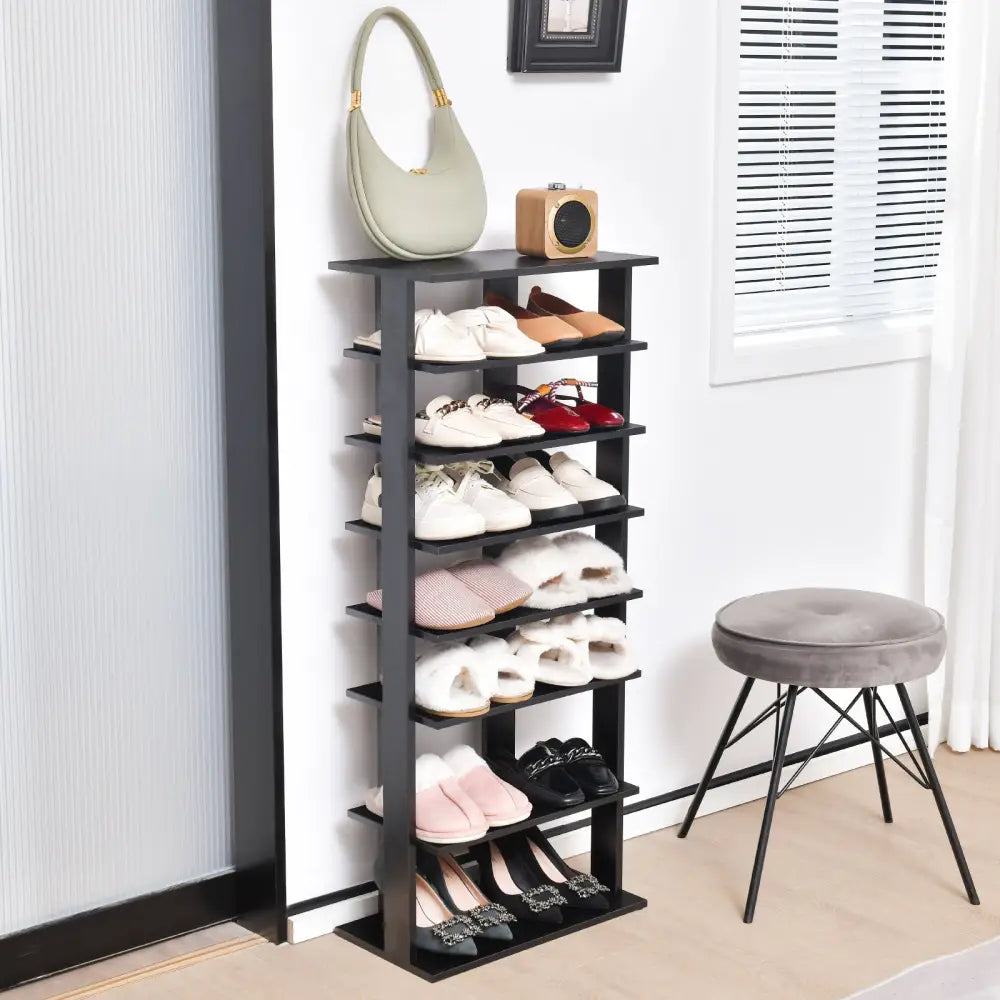 7-Tier Dual Shoe Rack Free Standing Shelves Storage Shelves Concise-Black - Black - Shoe Racks & Storage Benches