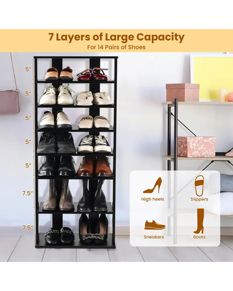 7-Tier Dual Shoe Rack Free Standing Shelves Storage Shelves Concise-Black - Black - Shoe Racks & Storage Benches
