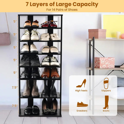 7-Tier Dual Shoe Rack Free Standing Shelves Storage Shelves Concise-Black - Black - Shoe Racks & Storage Benches