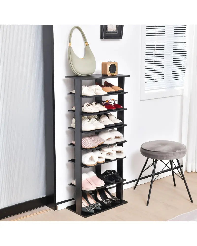 7-Tier Dual Shoe Rack Free Standing Shelves Storage Shelves Concise-Black - Black - Shoe Racks & Storage Benches