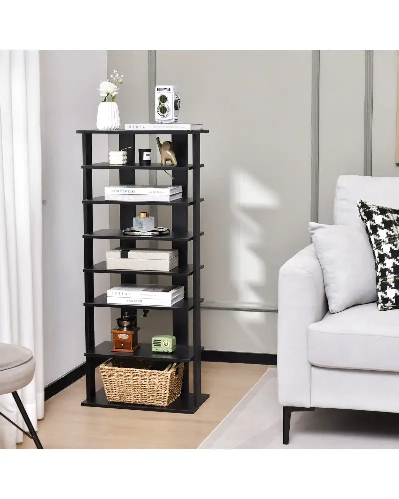 7-Tier Dual Shoe Rack Free Standing Shelves Storage Shelves Concise-Black - Black - Shoe Racks & Storage Benches
