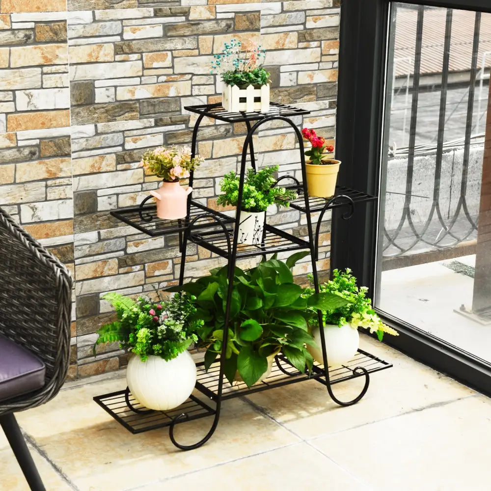 7 Tier Metal Patio Plant Stand - Black - Plant Stands