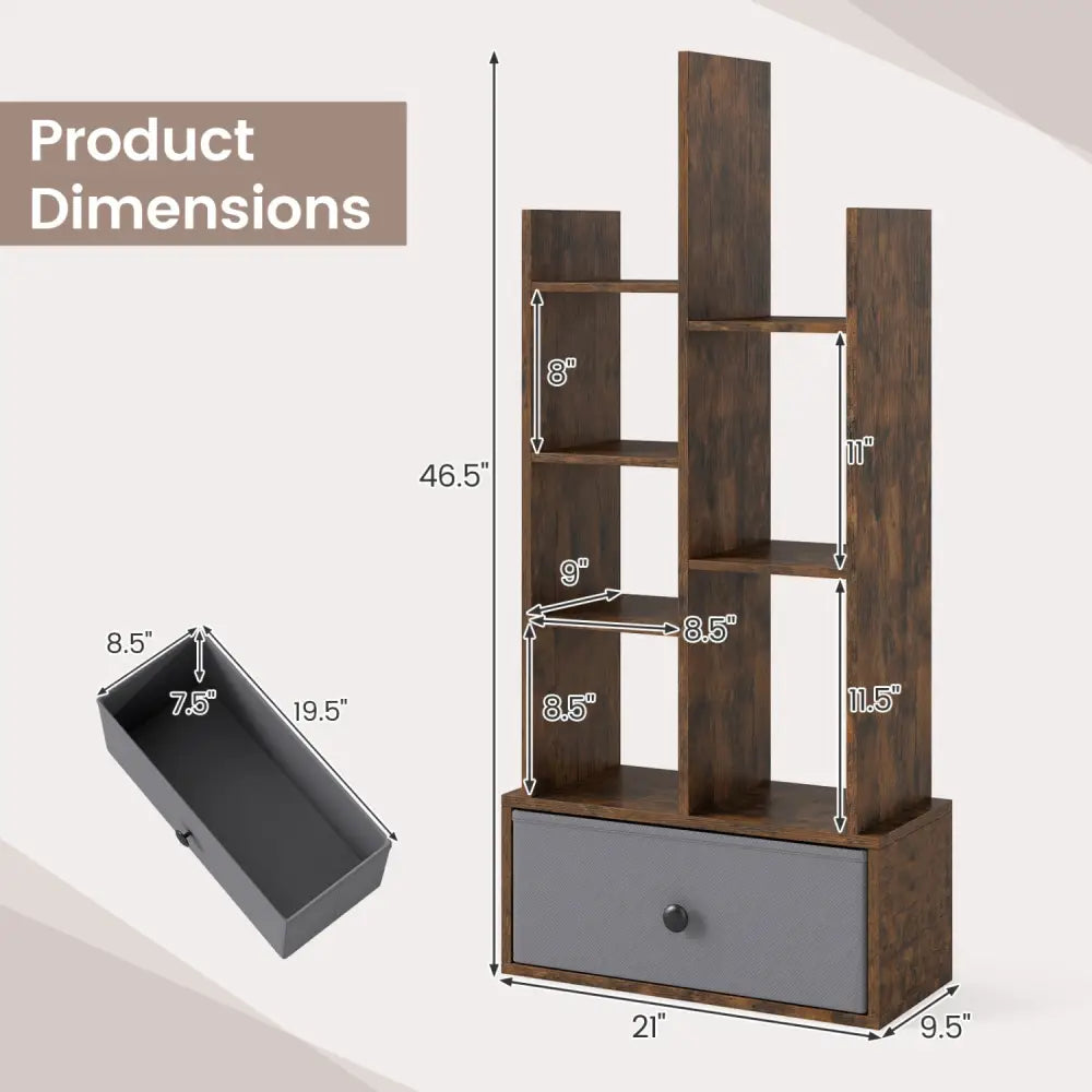 7-Tier Open-Back Bookshelf with Drawer-Rustic Brown - Rustic Brown - Bookcases
