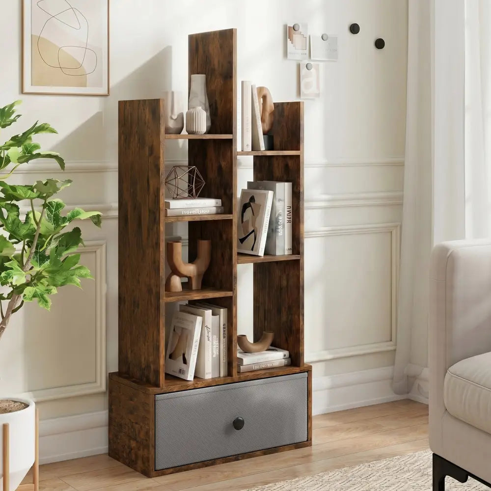 7-Tier Open-Back Bookshelf with Drawer-Rustic Brown - Rustic Brown - Bookcases