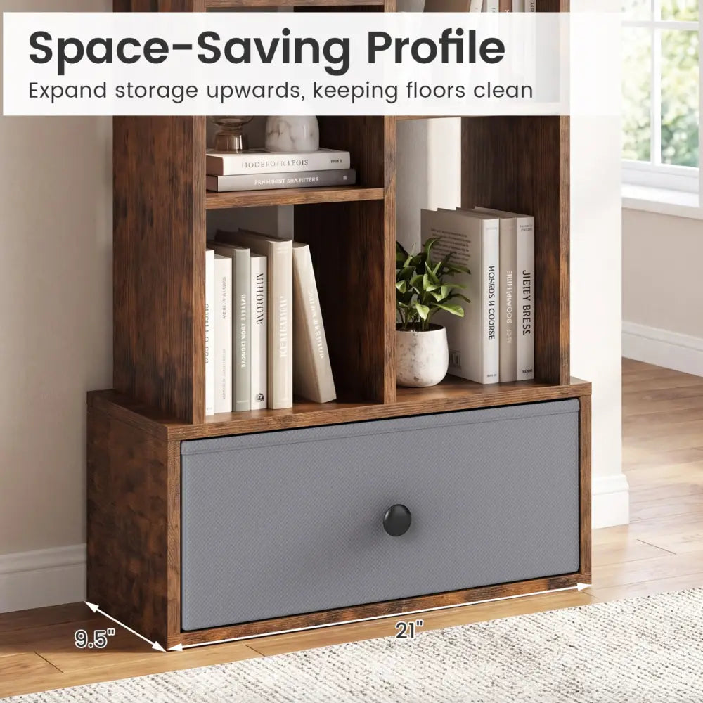7-Tier Open-Back Bookshelf with Drawer-Rustic Brown - Rustic Brown - Bookcases
