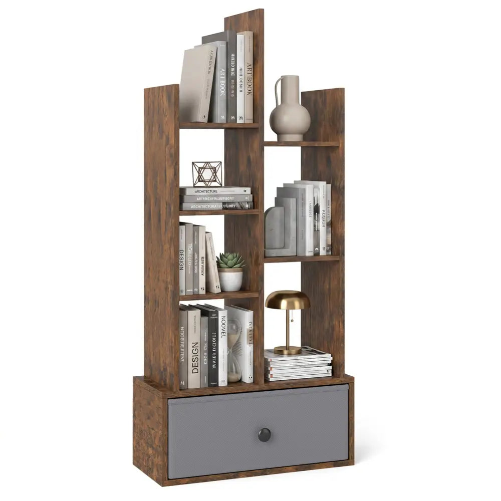 7-Tier Open-Back Bookshelf with Drawer-Rustic Brown - Rustic Brown - Bookcases