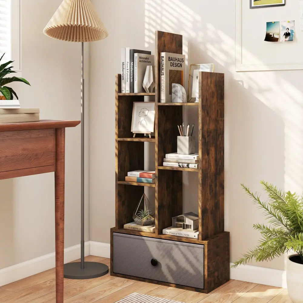 7-Tier Open-Back Bookshelf with Drawer-Rustic Brown - Rustic Brown - Bookcases