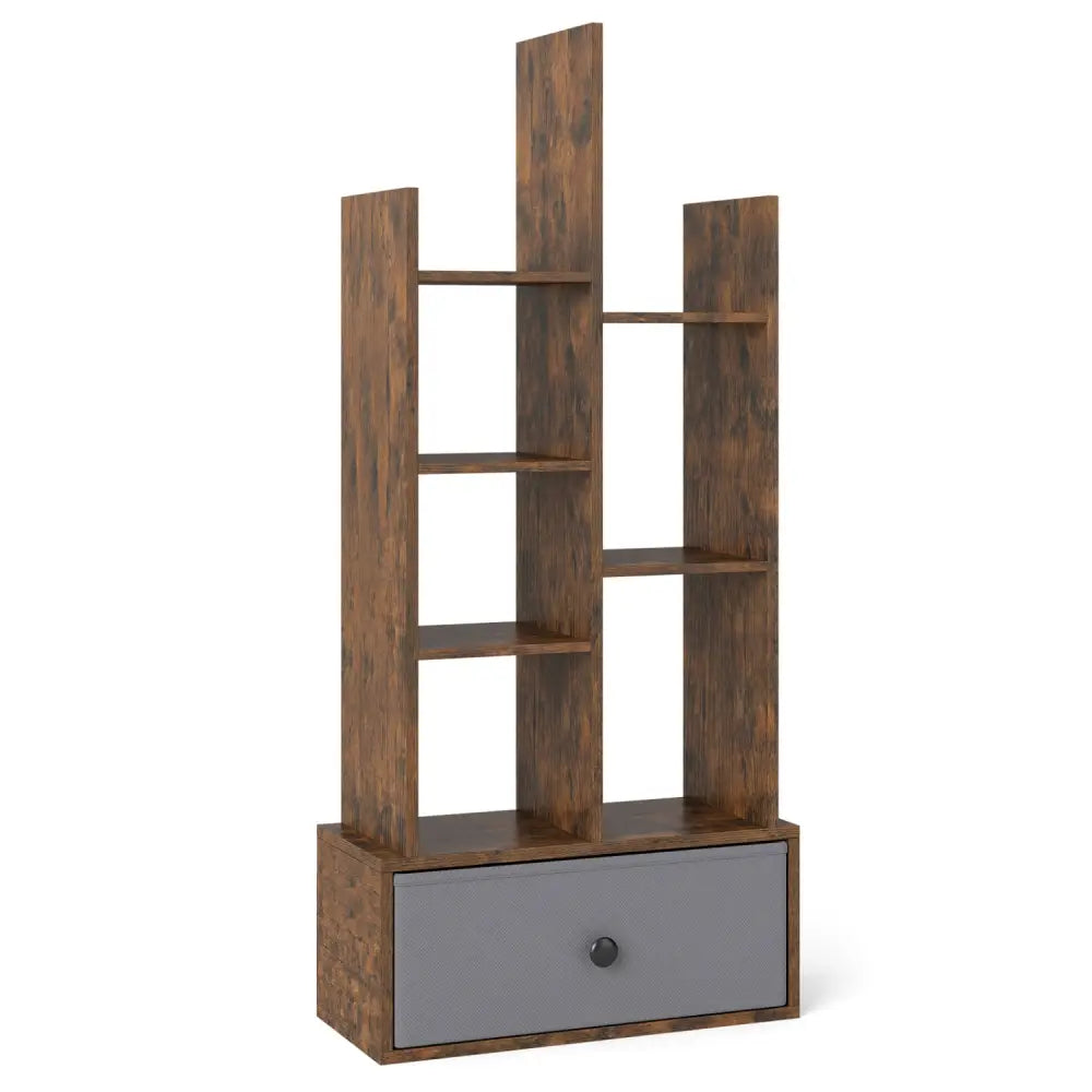 7-Tier Open-Back Bookshelf with Drawer-Rustic Brown - Rustic Brown - Bookcases
