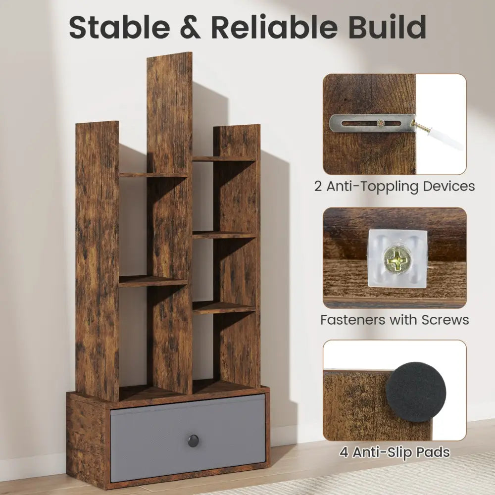 7-Tier Open-Back Bookshelf with Drawer-Rustic Brown - Rustic Brown - Bookcases