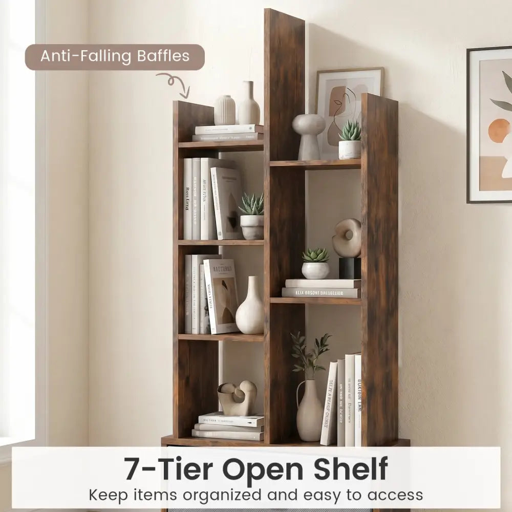 7-Tier Open-Back Bookshelf with Drawer-Rustic Brown - Rustic Brown - Bookcases