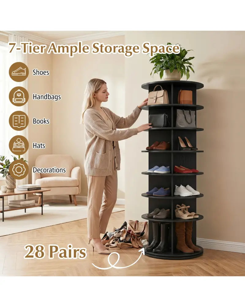 7-Tier Rotating Shoe Rack Tower Freestanding Spinning Shoe Organizer-Black - Black - Shoe Racks & Storage Benches