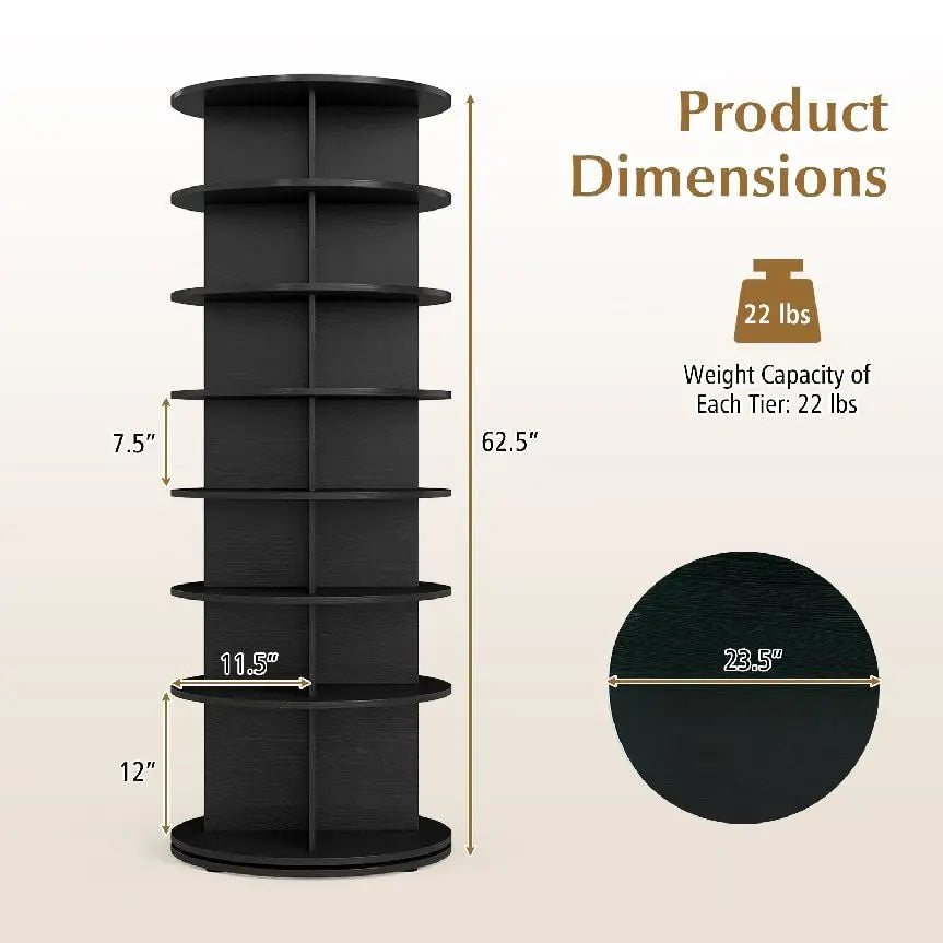 7-Tier Rotating Shoe Rack Tower Freestanding Spinning Shoe Organizer-Black - Black - Shoe Racks & Storage Benches