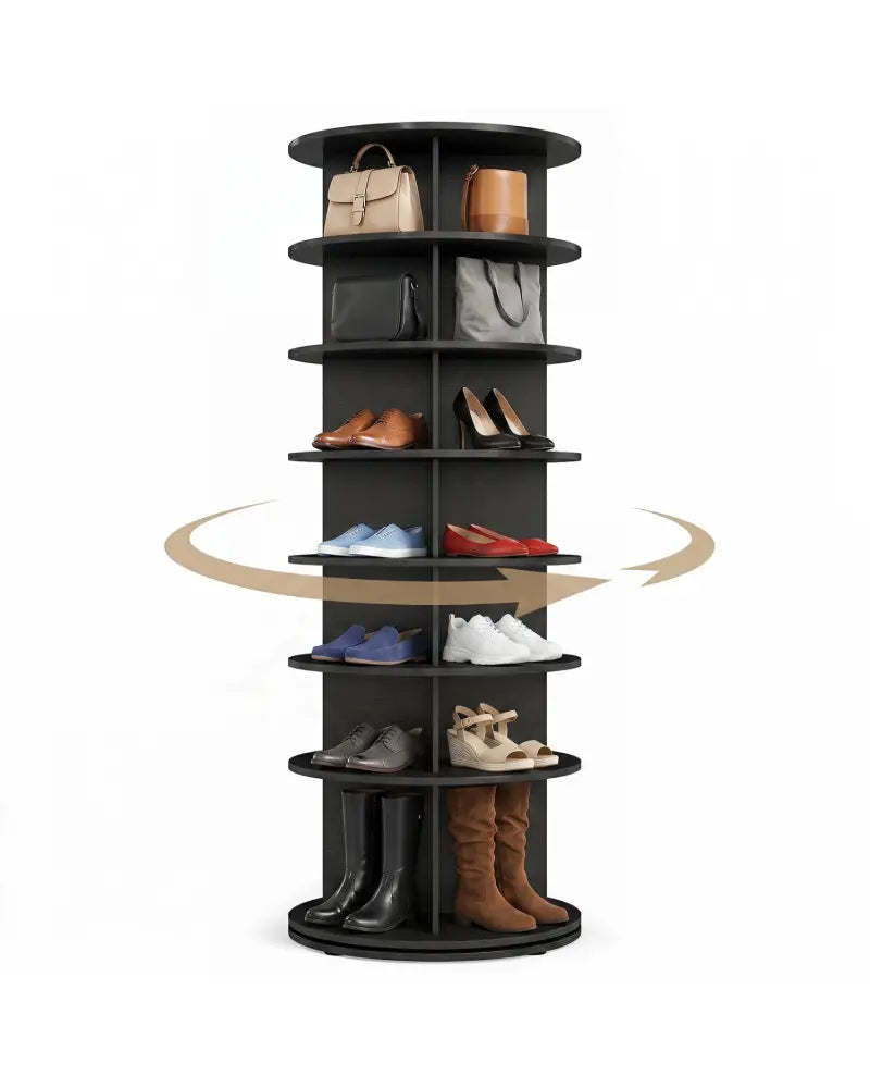 7-Tier Rotating Shoe Rack Tower Freestanding Spinning Shoe Organizer-Black - Black - Shoe Racks & Storage Benches