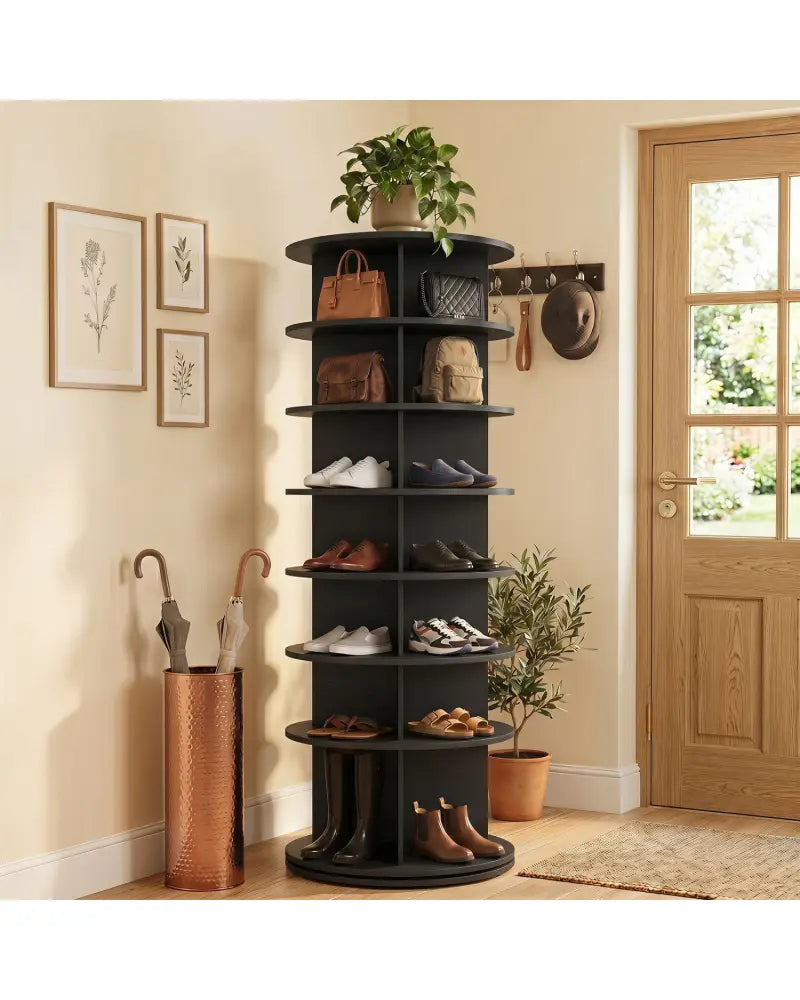 7-Tier Rotating Shoe Rack Tower Freestanding Spinning Shoe Organizer-Black - Black - Shoe Racks & Storage Benches