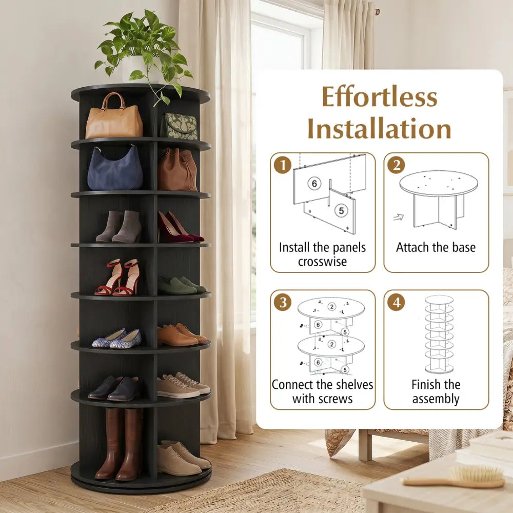 7-Tier Rotating Shoe Rack Tower Freestanding Spinning Shoe Organizer-Black - Black - Shoe Racks & Storage Benches
