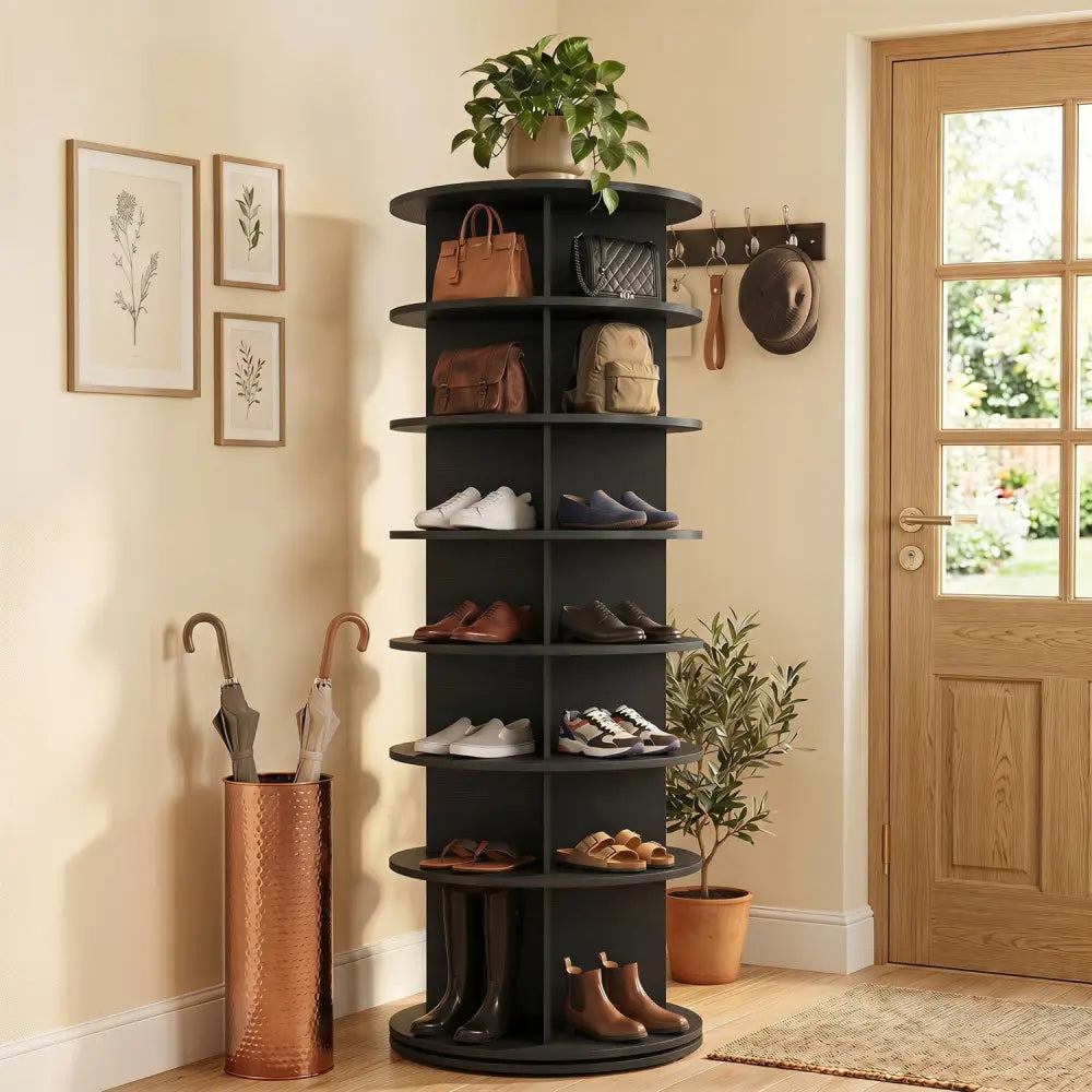 7-Tier Rotating Shoe Rack Tower Freestanding Spinning Shoe Organizer-Black - Black - Shoe Racks & Storage Benches
