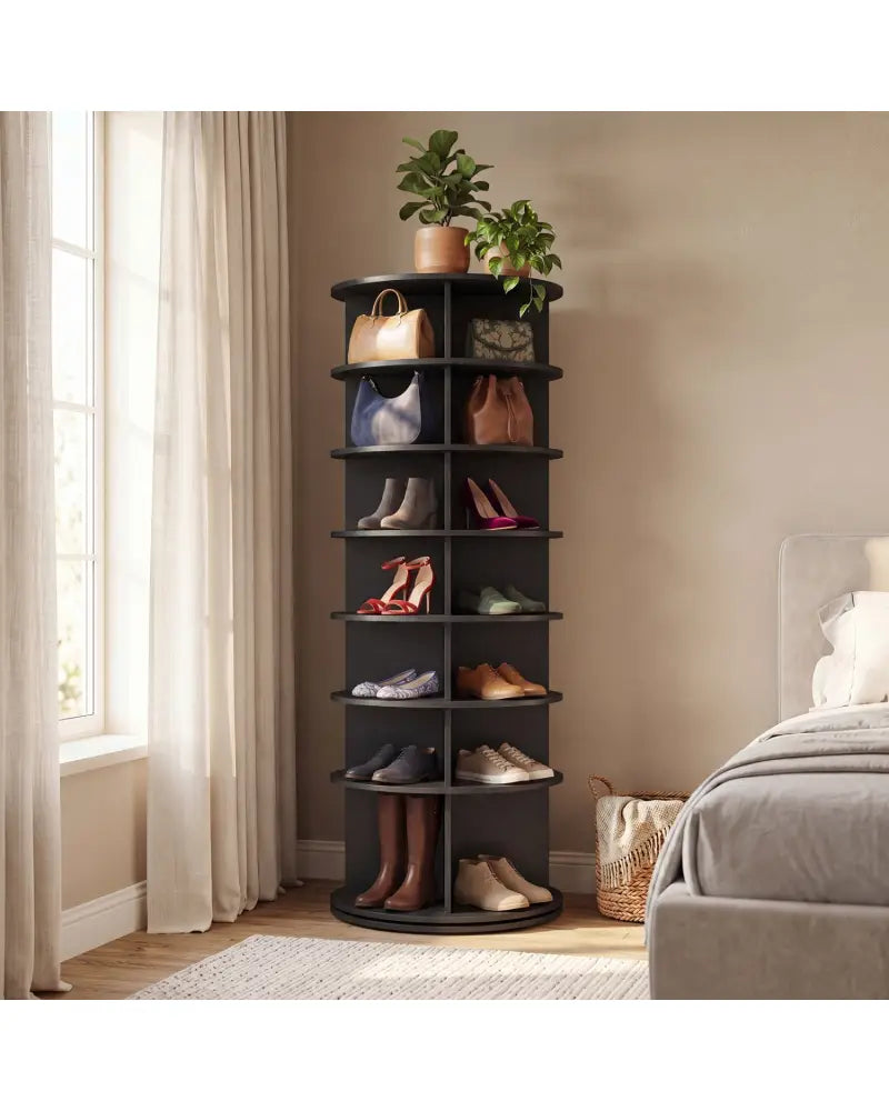 7-Tier Rotating Shoe Rack Tower Freestanding Spinning Shoe Organizer-Black - Black - Shoe Racks & Storage Benches