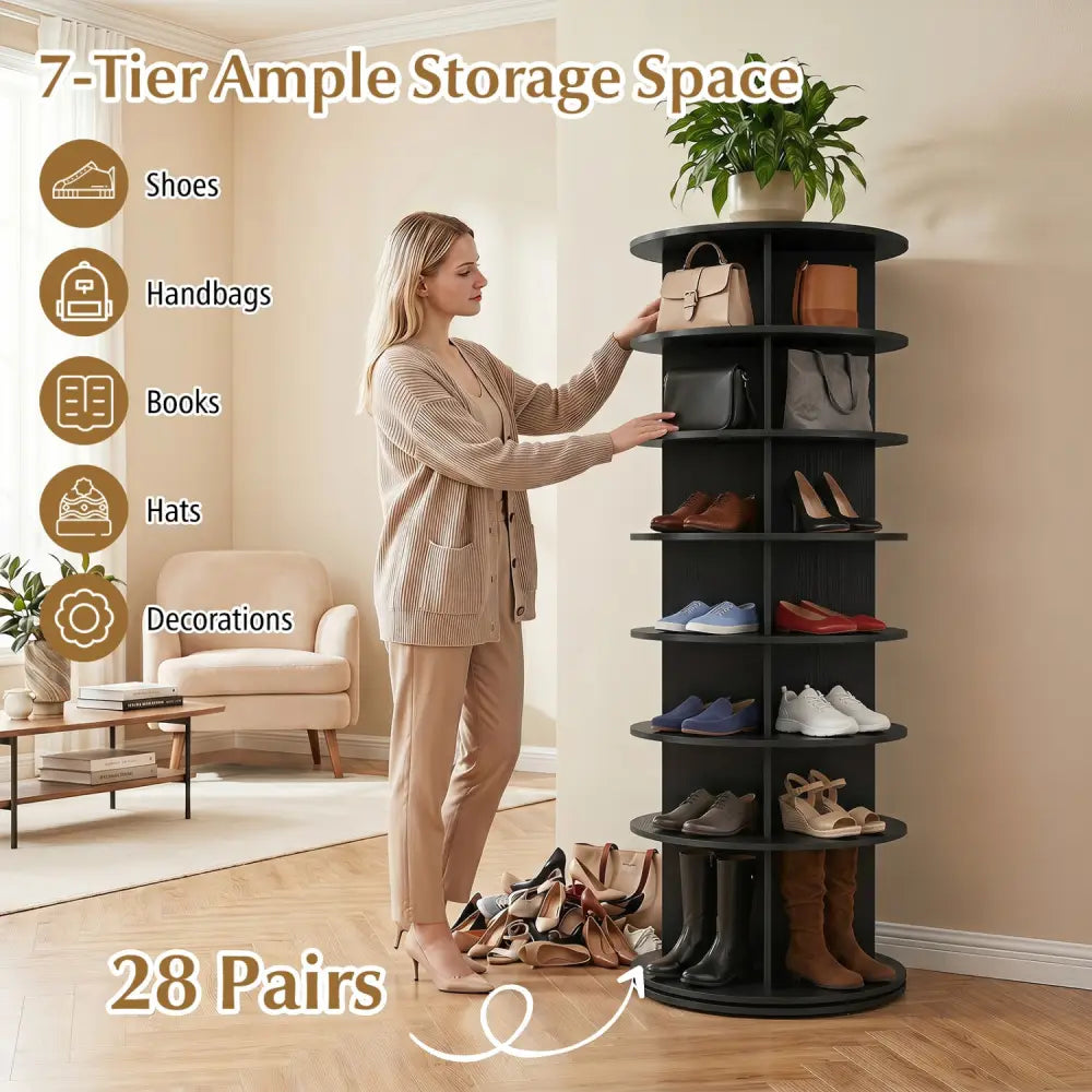 7-Tier Rotating Shoe Rack Tower Freestanding Spinning Shoe Organizer-Black - Black - Shoe Racks & Storage Benches
