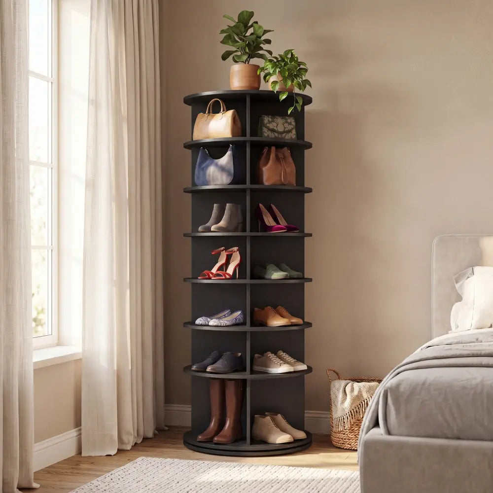 7-Tier Rotating Shoe Rack Tower Freestanding Spinning Shoe Organizer-Black - Black - Shoe Racks & Storage Benches