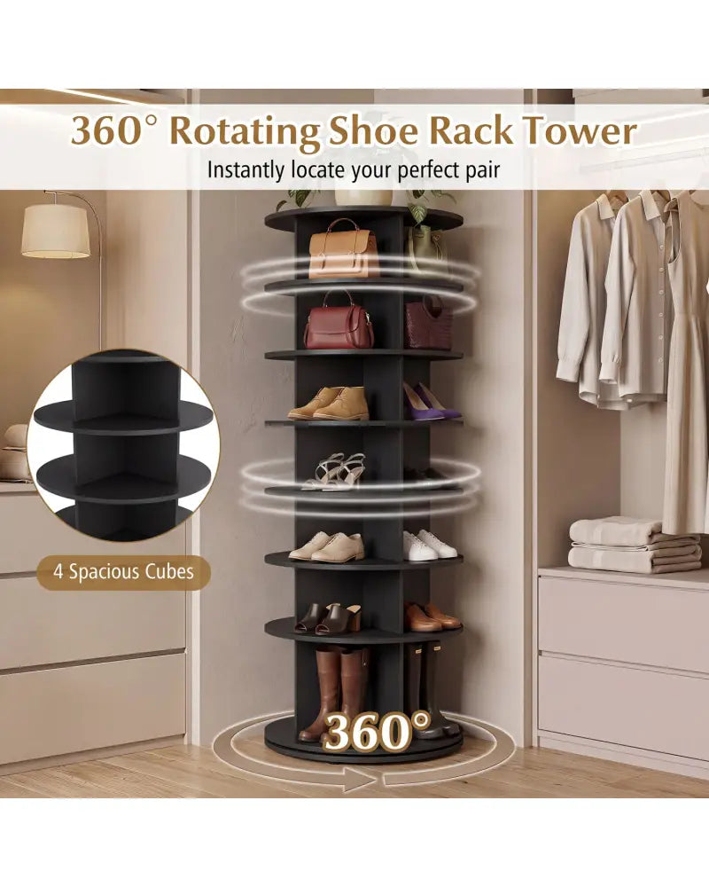 7-Tier Rotating Shoe Rack Tower Freestanding Spinning Shoe Organizer-Black - Black - Shoe Racks & Storage Benches