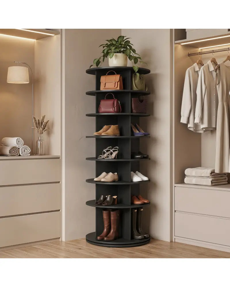 7-Tier Rotating Shoe Rack Tower Freestanding Spinning Shoe Organizer-Black - Black - Shoe Racks & Storage Benches