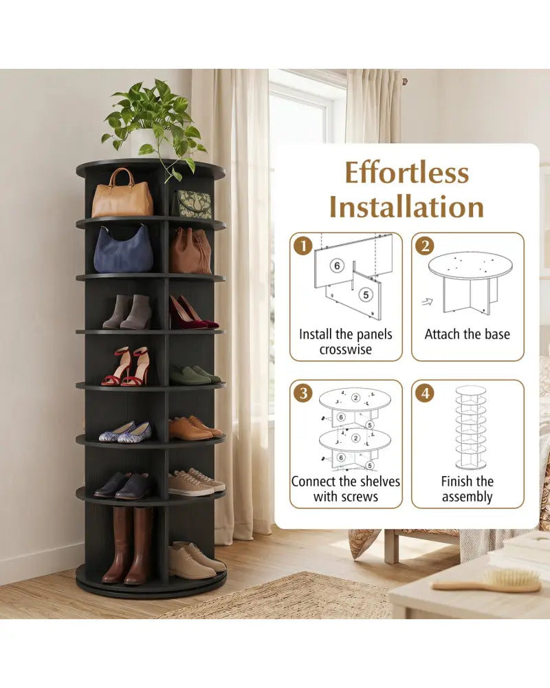 7-Tier Rotating Shoe Rack Tower Freestanding Spinning Shoe Organizer-Black - Black - Shoe Racks & Storage Benches