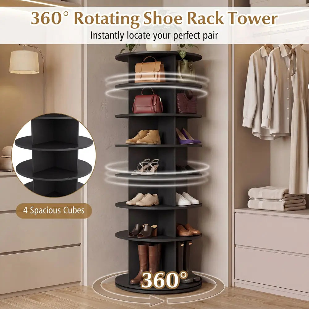 7-Tier Rotating Shoe Rack Tower Freestanding Spinning Shoe Organizer-Black - Black - Shoe Racks & Storage Benches