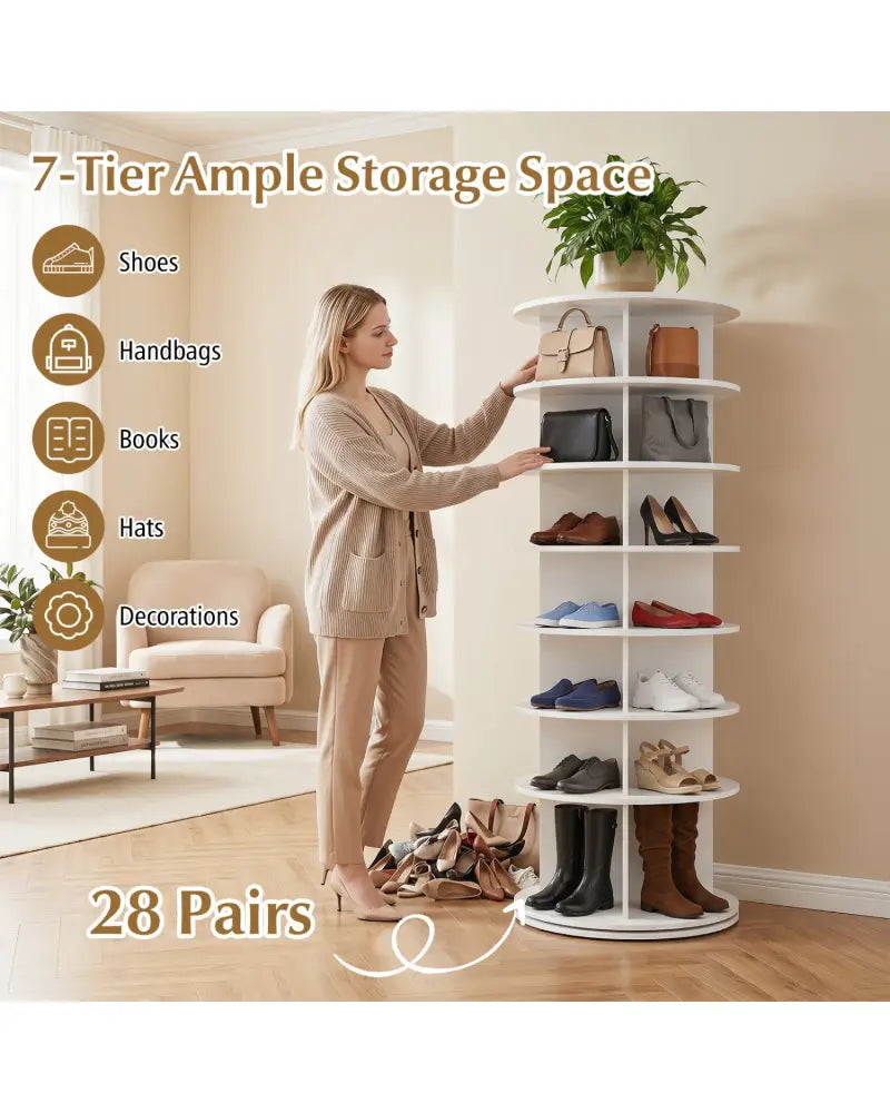 7-Tier Rotating Shoe Rack Tower Freestanding Spinning Shoe Organizer-White - White - Shoe Racks & Storage Benches