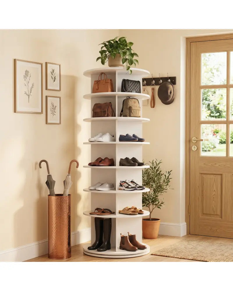 7-Tier Rotating Shoe Rack Tower Freestanding Spinning Shoe Organizer-White - White - Shoe Racks & Storage Benches