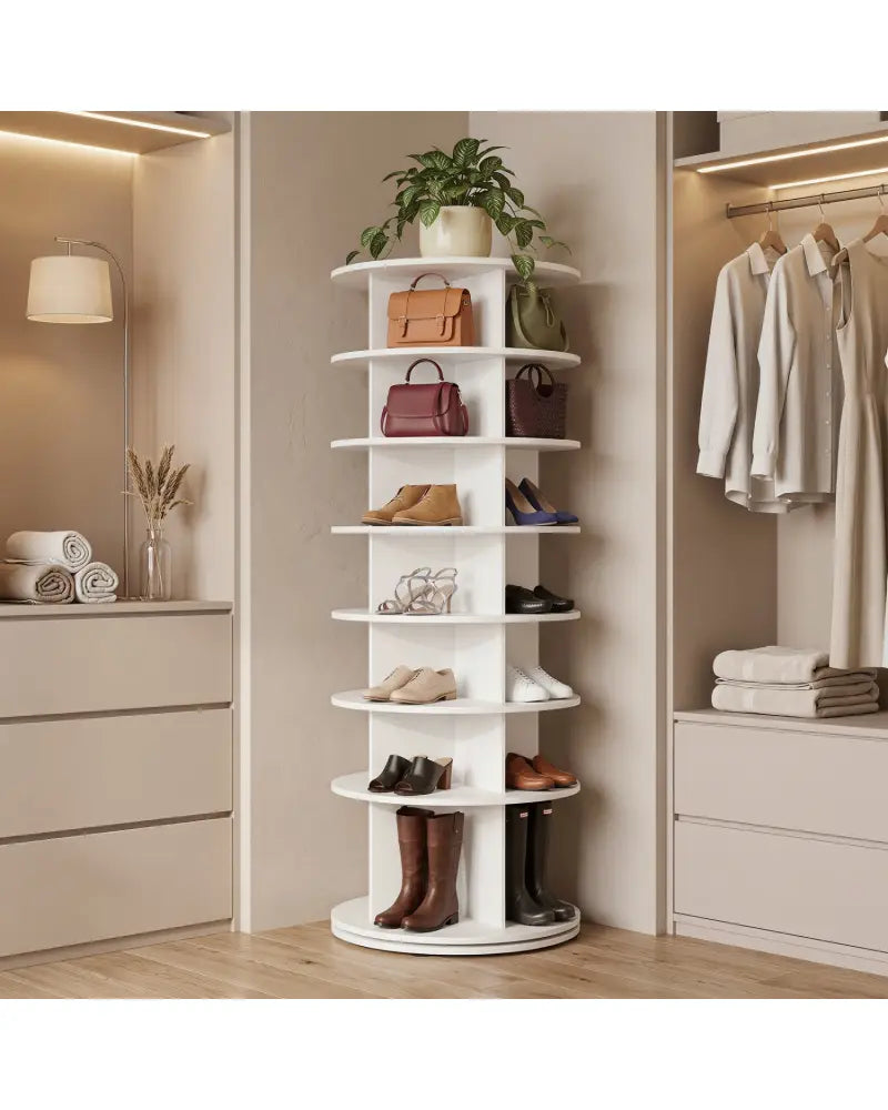 7-Tier Rotating Shoe Rack Tower Freestanding Spinning Shoe Organizer-White - White - Shoe Racks & Storage Benches